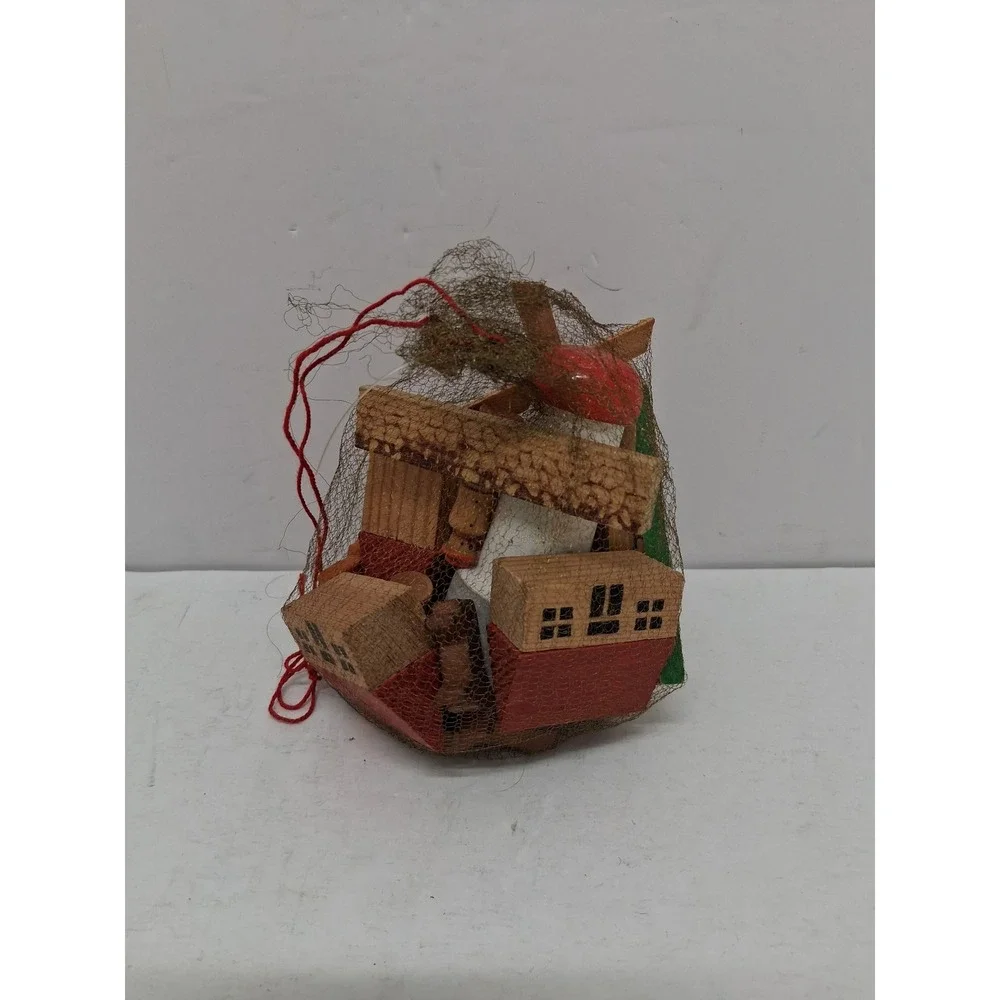 Vintage Miniature Wooden Building Blocks Set Village Windmill Nutcracker Bag